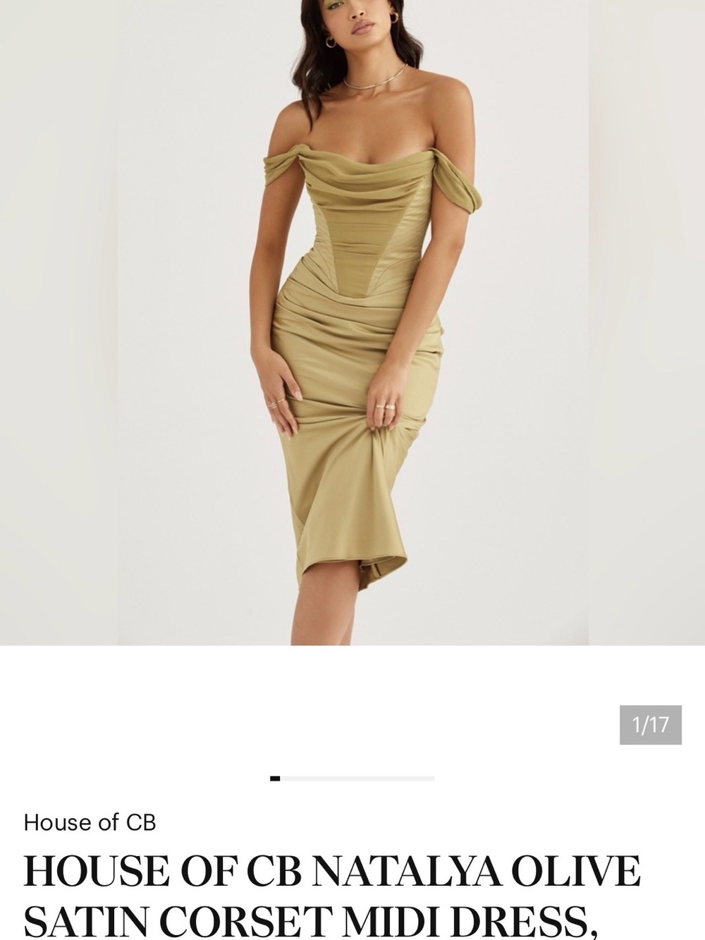 House of CB Olive Satin Off-Shoulder Corset Midi Dress